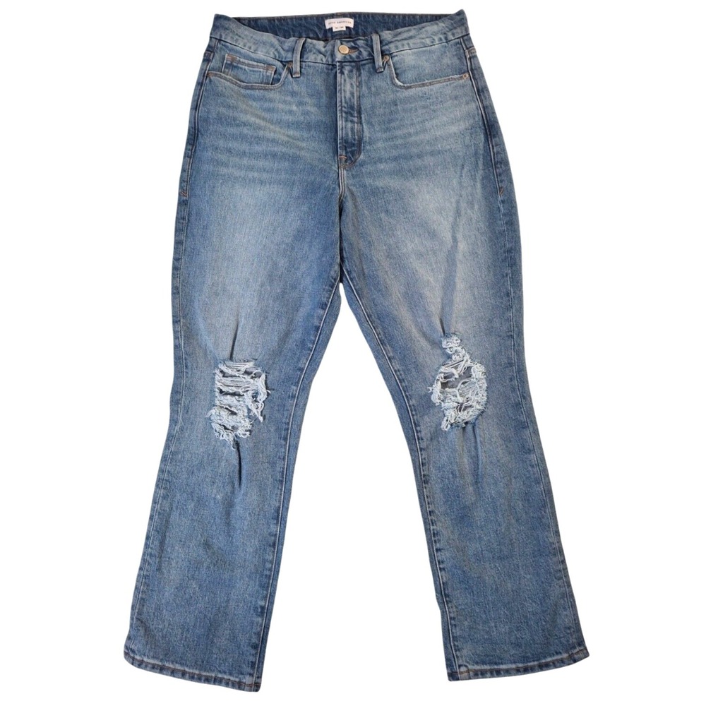Good American Good Boy Distressed Jeans Womens 14/32 Blue Denim Stretch Straight